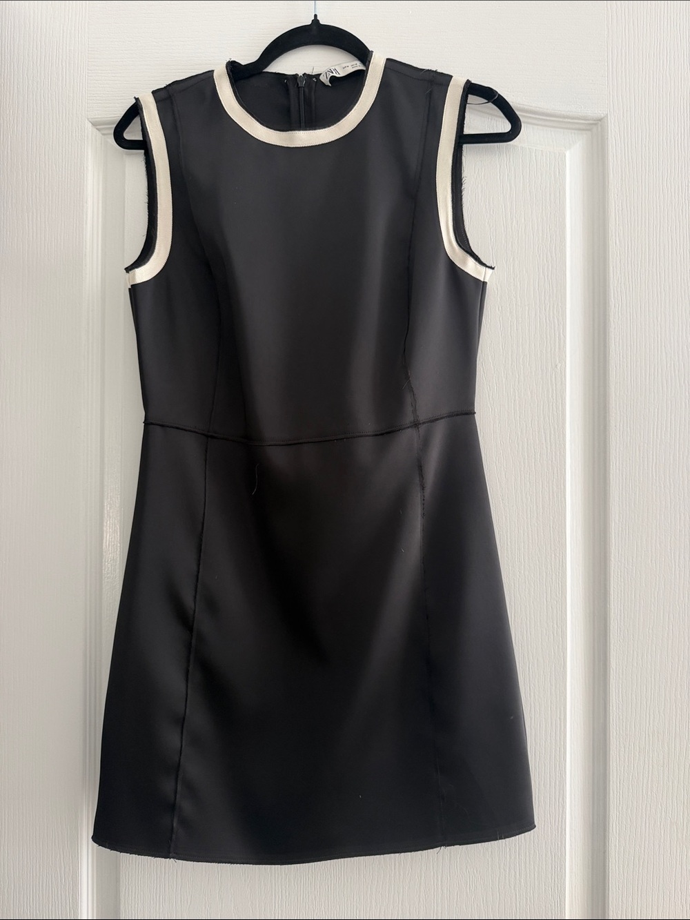 Zara Black Sleeveless Shift Dress with Ivory Trim raw edge detailing